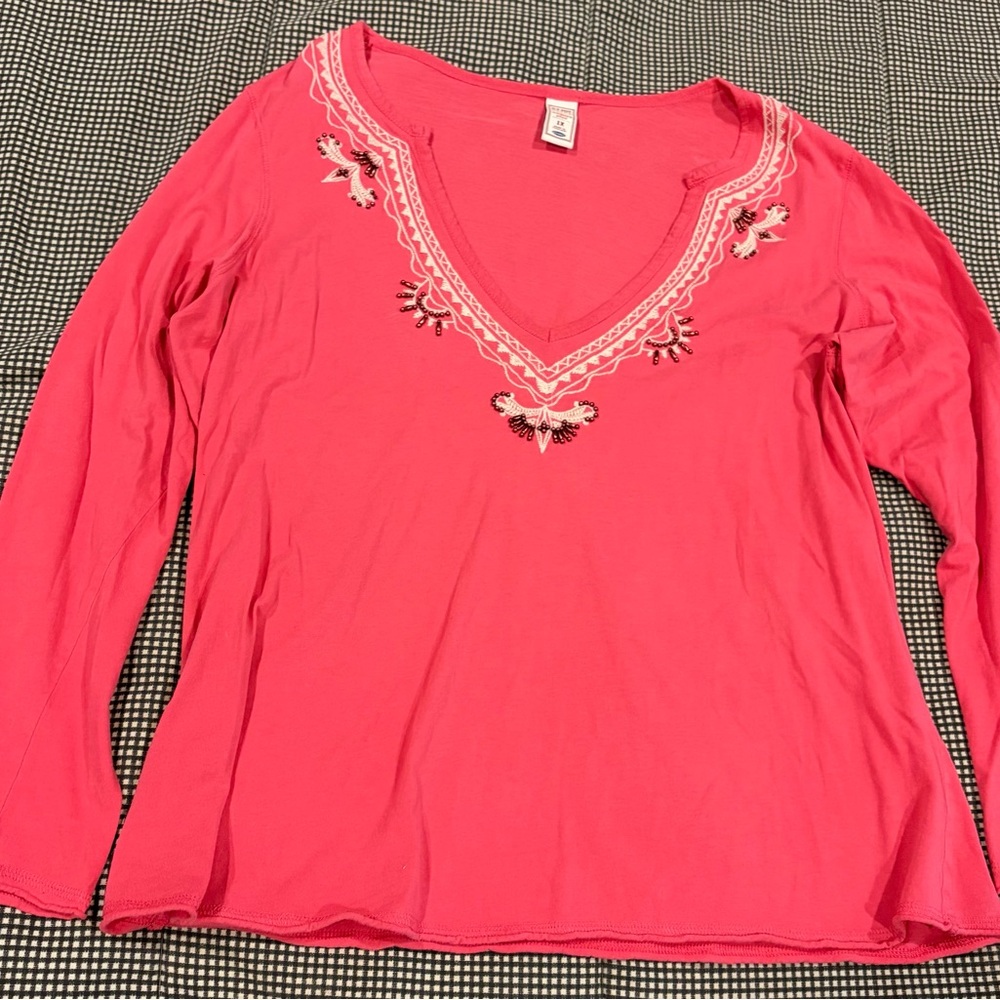 Old Navy Coral Pink V-Neck Long Sleeve Top with Neckline Embroidery